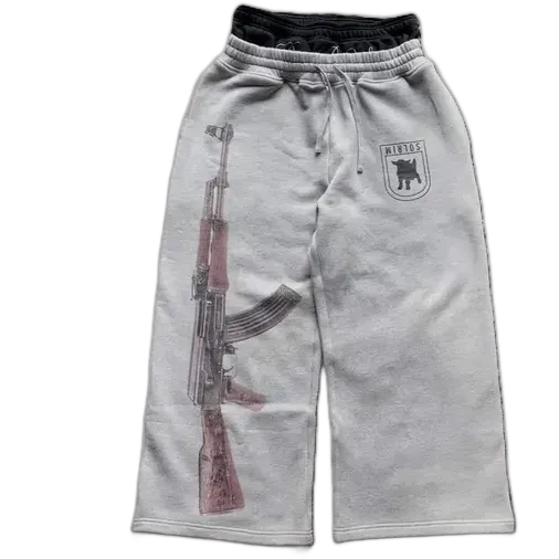 Ak-47 Print Double Waisted Grey Sweatpants