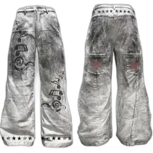 DETW White Dirty Wash Music Note Baggy Jeans