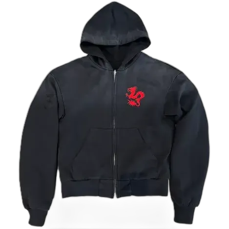 noEmosen Black Embroidered Dragon Zip-Up Hoodie