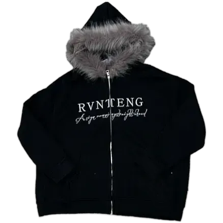 RVNTENG Faux Fur Zip-Up Hoodie Black