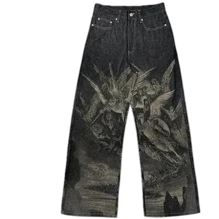 WANNA LAB Angel Print Raw Denim Baggy Jeans