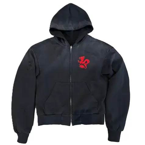 noEmosen Black Embroidered Dragon Zip-Up Hoodie — product photo