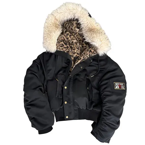 noEmosen Leopard Fur Collar Bomber Jacket — product photo