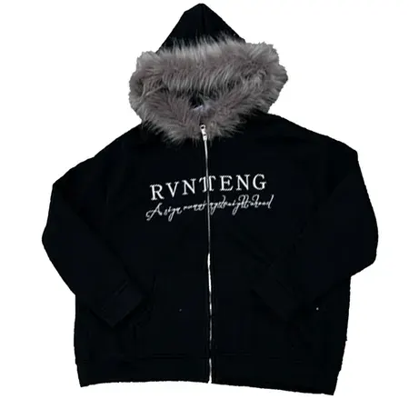 RVNTENG Faux Fur Zip-Up Hoodie Black — product photo