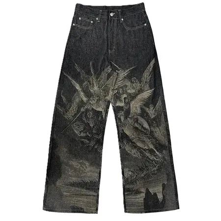 WANNA LAB Angel Print Raw Denim Baggy Jeans — product photo